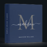 Chic Monogram Navy Blue Gray Script Office School 3 Ring Binder<br><div class="desc">Elegant Monogram Navy Blue Silver Slate Gray Script Name Home Office Professional Work Back to School Recipe 3 ring binder</div>