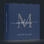 Chic Monogram Navy Blue Gray Script Office School 3 Ring Binder<br><div class="desc">Elegant Monogram Navy Blue Silver Slate Gray Script Name Home Office Professional Work Back to School Recipe 3 ring binder</div>