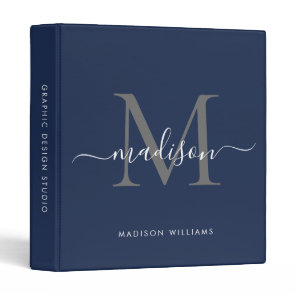 Chic Monogram Navy Blue Gray Script Office School 3 Ring Binder