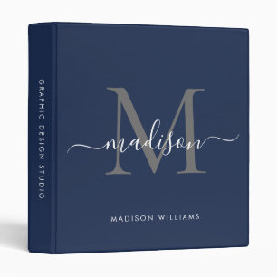 Chic Monogram Navy Blue Gray Script Office School 3 Ring Binder