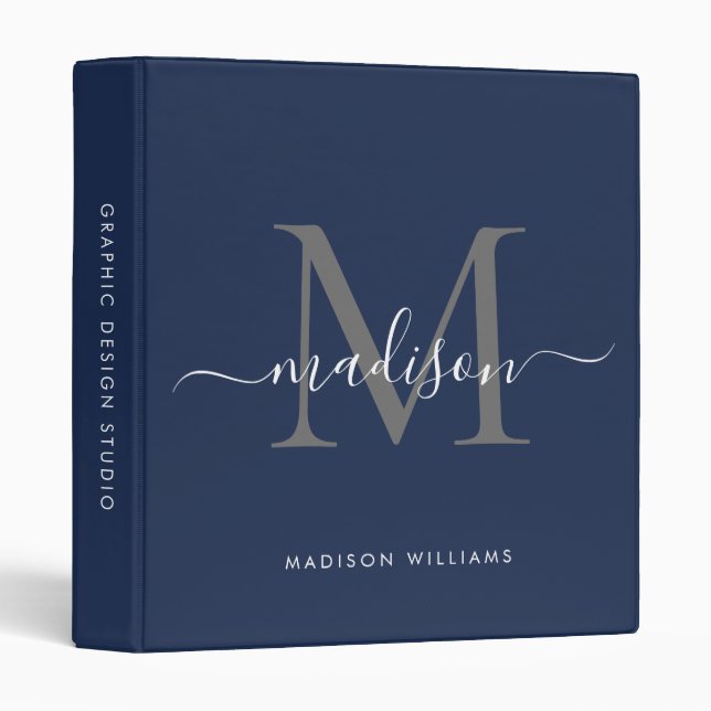 Chic Monogram Navy Blue Gray Script Office School 3 Ring Binder (Front/Spine)