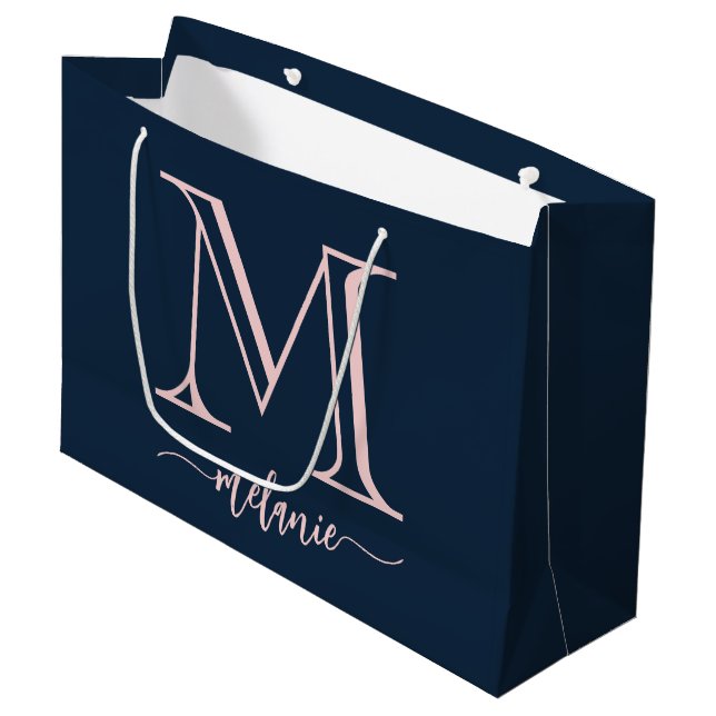 Chic Monogram Navy Blue Pink Large Gift Bag (Front Angled)