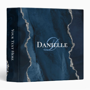 Chic Monogram Navy Blue Silver Agate 3 Ring Binder