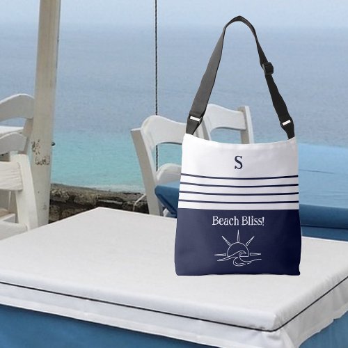 Chic Monogram Navy Blue Stripes Coastal Nautical Crossbody Bag
