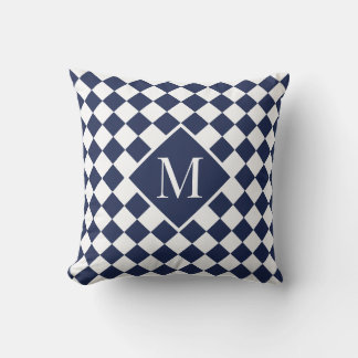 Chic Monogram Navy Blue White Checkered Pattern Throw Pillow