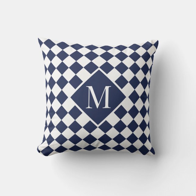 Chic Monogram Navy Blue White Checkered Pattern Throw Pillow (Front)