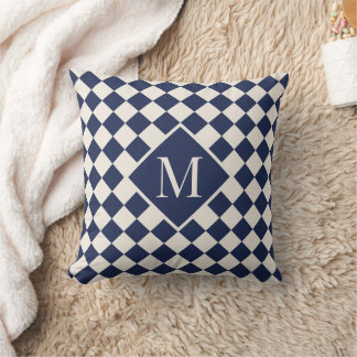 Chic Monogram Navy Cream Checkered Pattern Throw Pillow