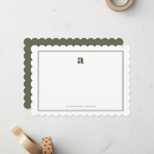 Chic Monogram Olive Green Two Border Scalloped Note Card