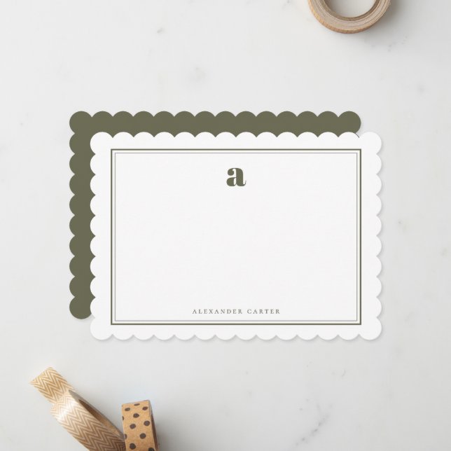 Chic Monogram Olive Green Two Border Scalloped Note Card (Front/Back In Situ)