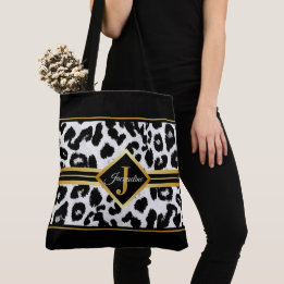 Chic Monogram on Animal Print Black and Faux Gold Tote Bag