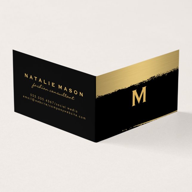 Chic Monogram on Black/Gold Brushed Business Card (Outside)