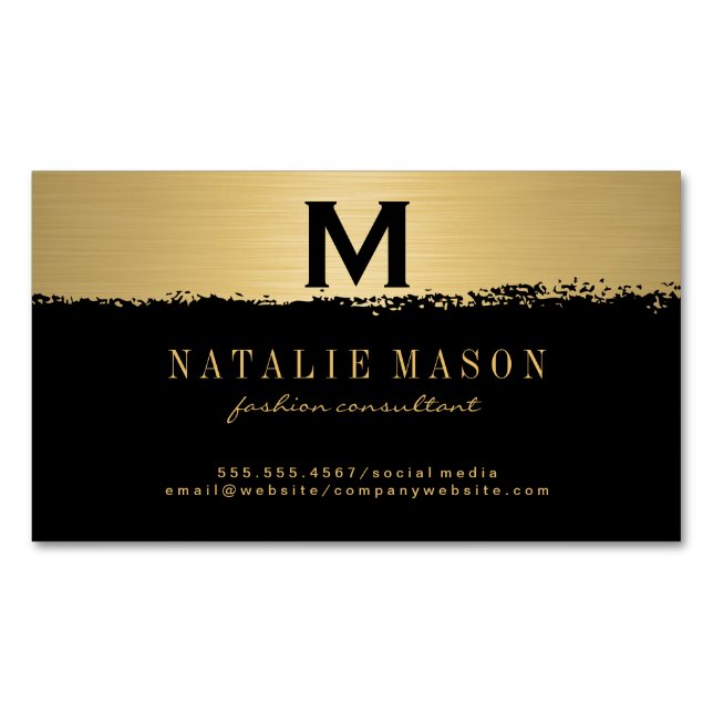 Chic Monogram on Black/Gold Brushed Business Card Magnet (Front)