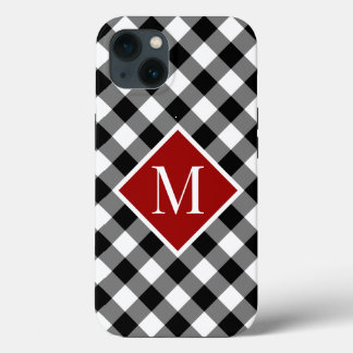 Chic Monogram on Red on Black White Gingham Check iPhone 13 Case