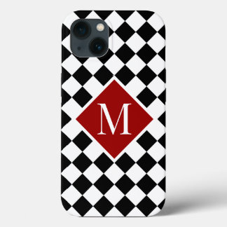 Chic Monogram on Red on Checkered Black White iPhone 13 Case