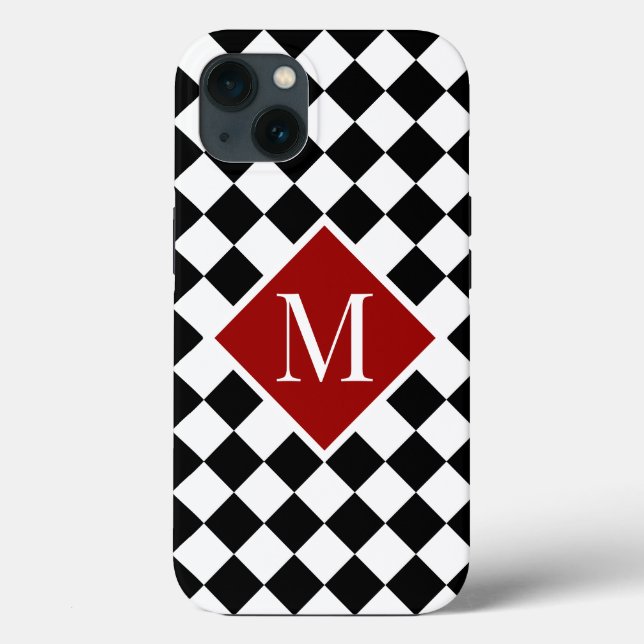 Chic Monogram on Red on Checkered Black White Case-Mate iPhone Case (Back)