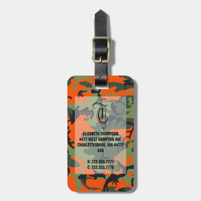 Chic Monogram Orange Camoflage Luggage Tag (Front Vertical)
