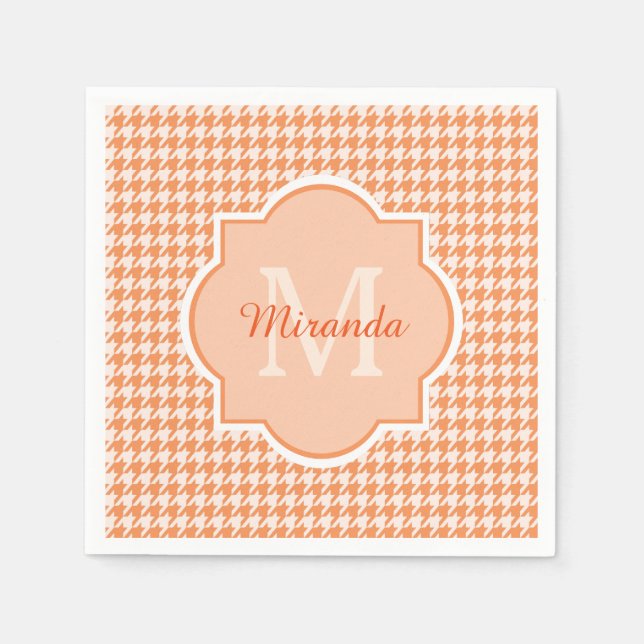 Chic Monogram Orange Houndstooth With Name Paper Napkins (Front)