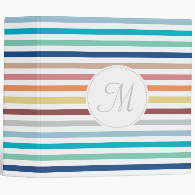 Chic Monogram Pastel Rainbow Horizontal Stripes 3 Ring Binder (Front/Spine)