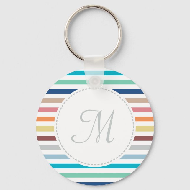 Chic Monogram Pastel Rainbow Horizontal Stripes Keychain (Front)