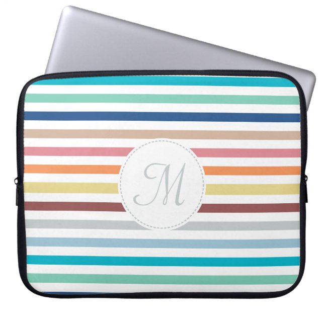 Chic Monogram Pastel Rainbow Horizontal Stripes Laptop Sleeve (Front)