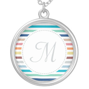 Chic Monogram Pastel Rainbow Horizontal Stripes Silver Plated Necklace