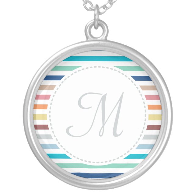 Chic Monogram Pastel Rainbow Horizontal Stripes Silver Plated Necklace (Front)