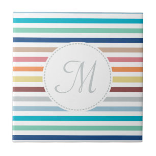 Chic Monogram Pastel Rainbow Horizontal Stripes Tile