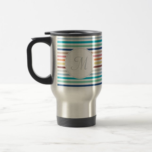 Chic Monogram Pastel Rainbow Horizontal Stripes Travel Mug (Left)