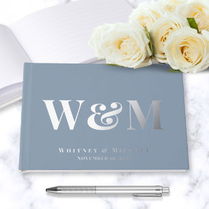 Chic Monogram Photo Dusty Blue Wedding Foil Guest Book