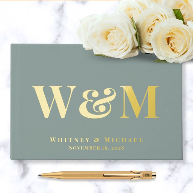 Chic Monogram Photo Sage Green Wedding Foil Guest Book (Creator Uploaded)