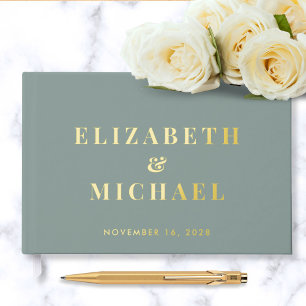 Chic Monogram Photo Sage Green Wedding Foil Guest Book
