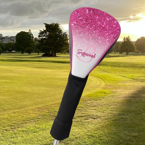Chic Monogram Pink Glitter Ombre First Name Golf Head Cover