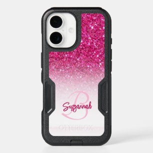 Chic Monogram Pink Glitter Ombre First Name iPhone 16 Case