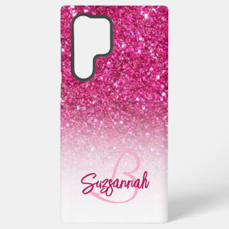 Chic Monogram Pink Glitter Ombre First Name Samsung Galaxy S22 Ultra Case