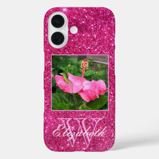 Chic Monogram Pink Glitter Sparkles Custom Photo iPhone 16 Case