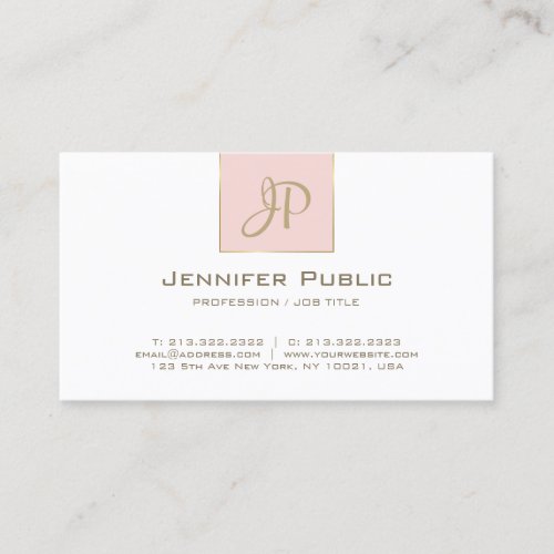 Chic Monogram Pink Gold White Clean Plain Trendy Business Card