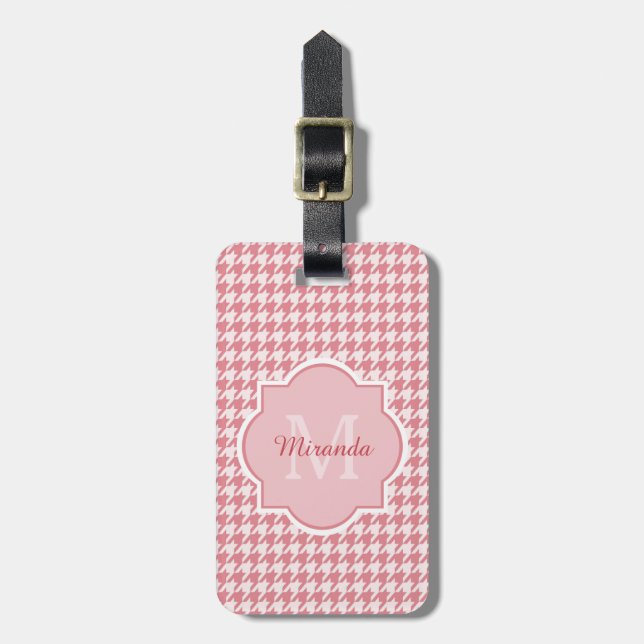 Chic Monogram Pink Houndstooth With Name Luggage Tag (Front Vertical)