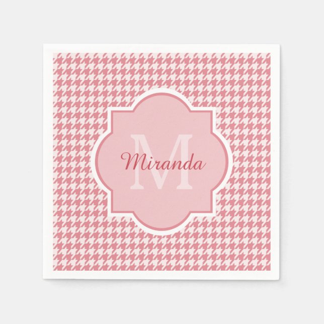Chic Monogram Pink Houndstooth With Name Paper Napkins (Front)
