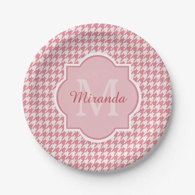 Chic Monogram Pink Houndstooth With Name Paper Plates (Front)