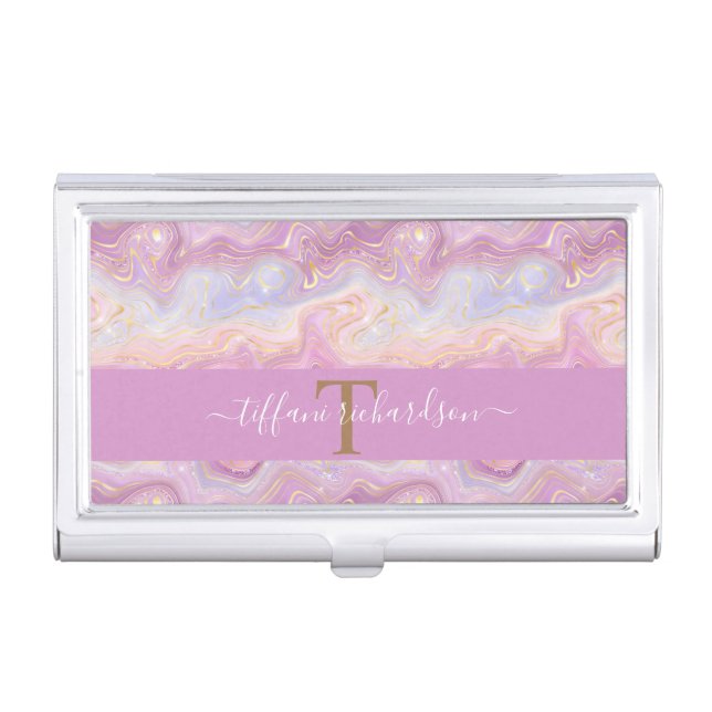 Chic Monogram Pink Purple Gold Agate Geode Business Card Case (Front)