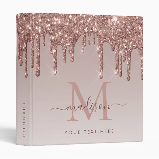 Chic Monogram Pink Rose Gold Glitter Drips Sparkle 3 Ring Binder | Zazzle