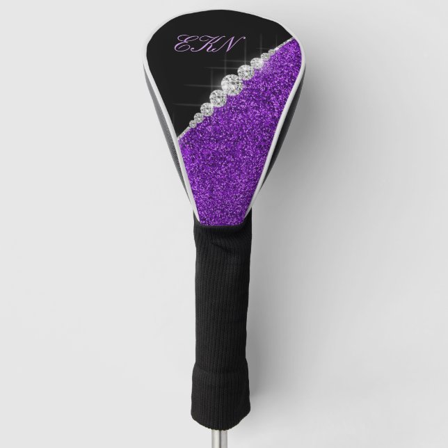 Chic Monogram Purple Glitter Diamonds Golf Head Cover (Front)
