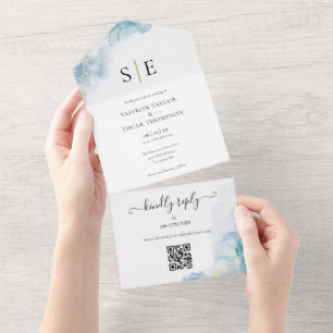 Chic Monogram QR Code Blue Watercolor Wedding All In One Invitation