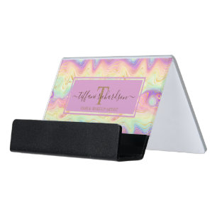 Chic Monogram Rainbow Gold Agate Geode Desk Business Card Holder