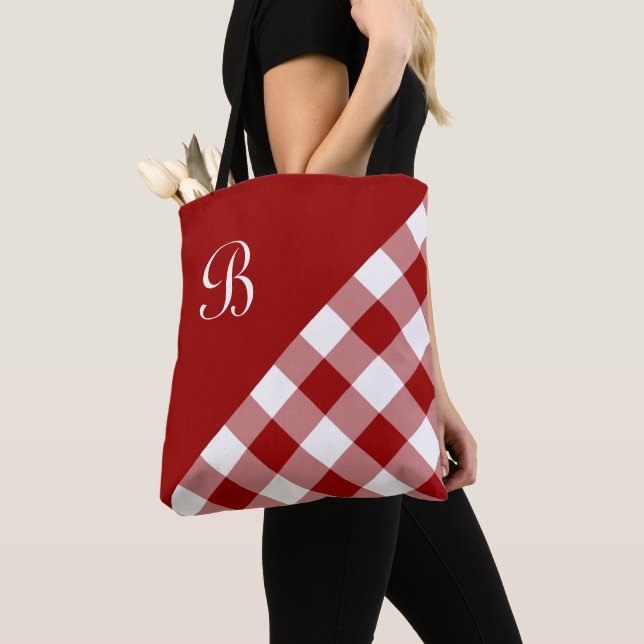 Chic Monogram Red White Buffalo Check Geometric Tote Bag (Close Up)