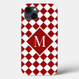 Chic Monogram Red White Checkered Pattern iPhone 13 Case