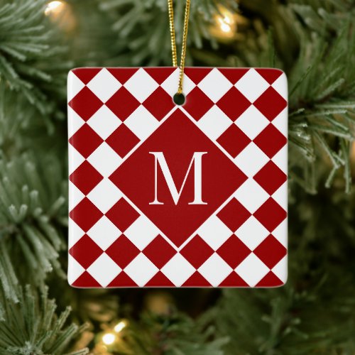 Chic Monogram Red White Checkered Pattern Ceramic Ornament