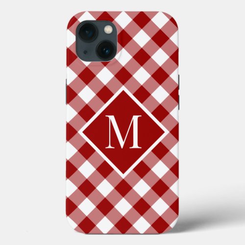 Chic Monogram Red White Gingham Check Pattern iPhone 13 Case