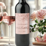 Chic Monogram Rose Gold Foil Glitter 90th Birthday Wine Label<br><div class="desc">Modern Elegant Rose gold glitter metallic Personalized Monogram Name 60th (or ANY AGE) Birthday Party Sparkling Wine Label. This Girly Adult feminine NINETY (NINETIETH) Birhday party design featuring a Monogram Name in a stylish handwritten calligraphy script and date and age on blush pink or rose gold faux brushed metallic foil...</div>