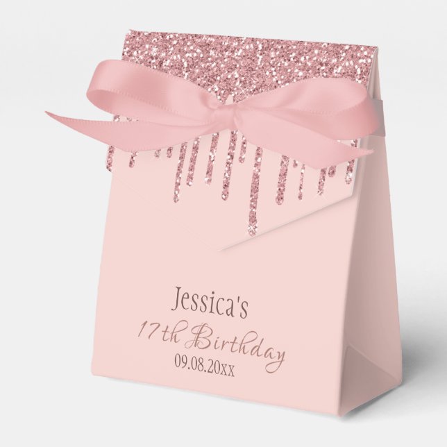 Chic Monogram Rose Gold Glitter Drips Favor Boxes (Front Side)